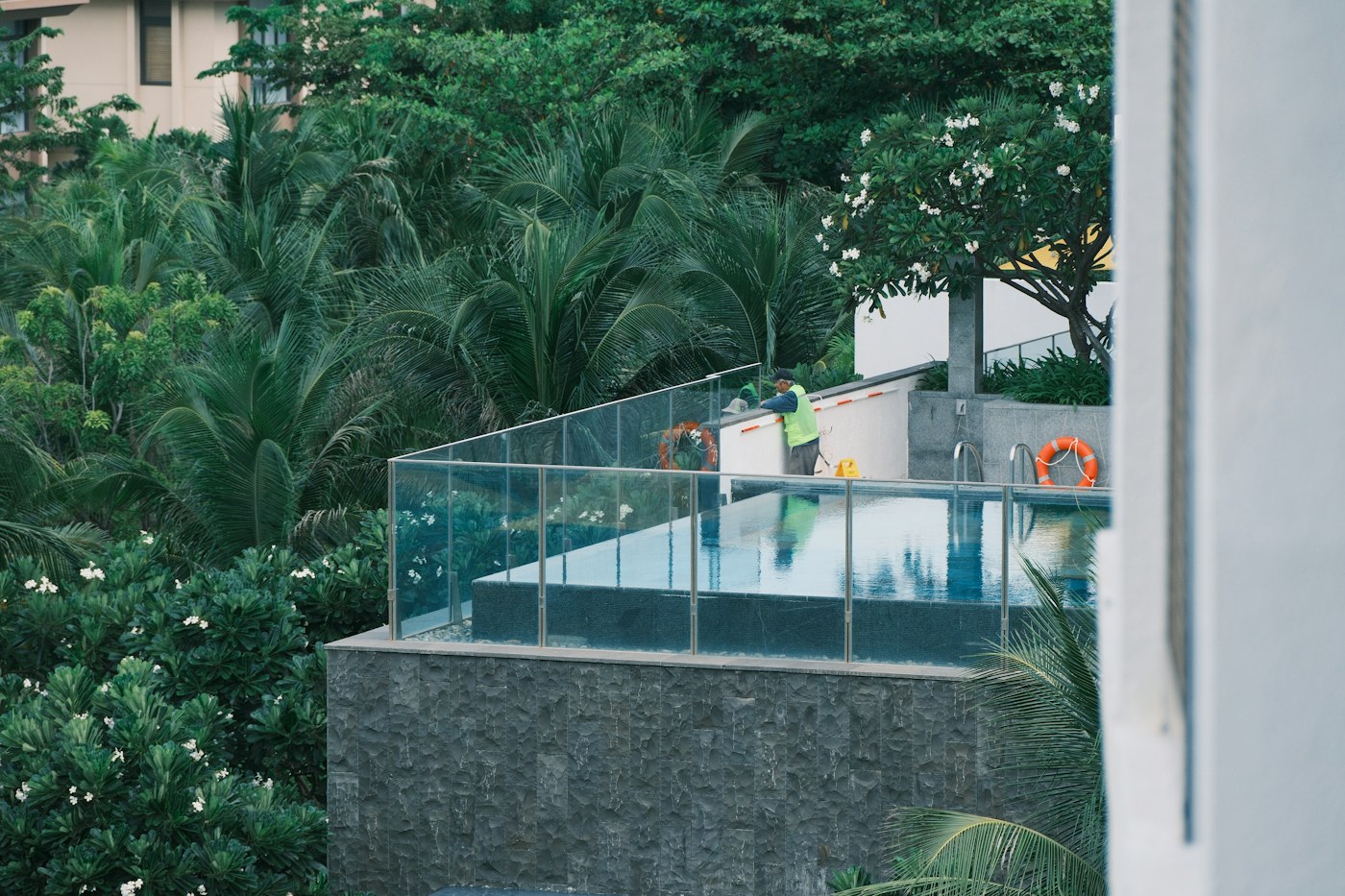 Profissional fazendo a manutenção de uma piscina cercada por vegetação